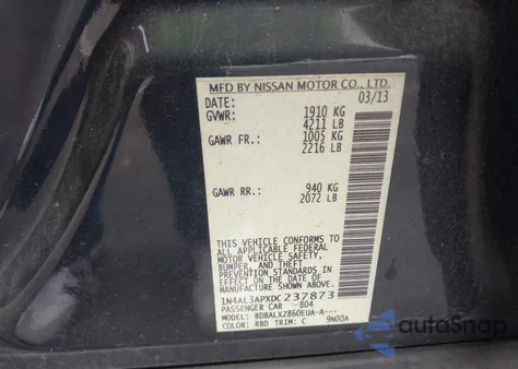 2013 Nissan Altima 2.5 Sl из США, поврежденный, VIN 1N4AL3APXDC237873